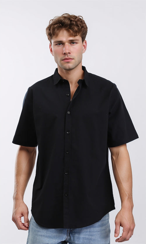 R211096 - Solid Elbow Sleeves Cotton Shirt - Black