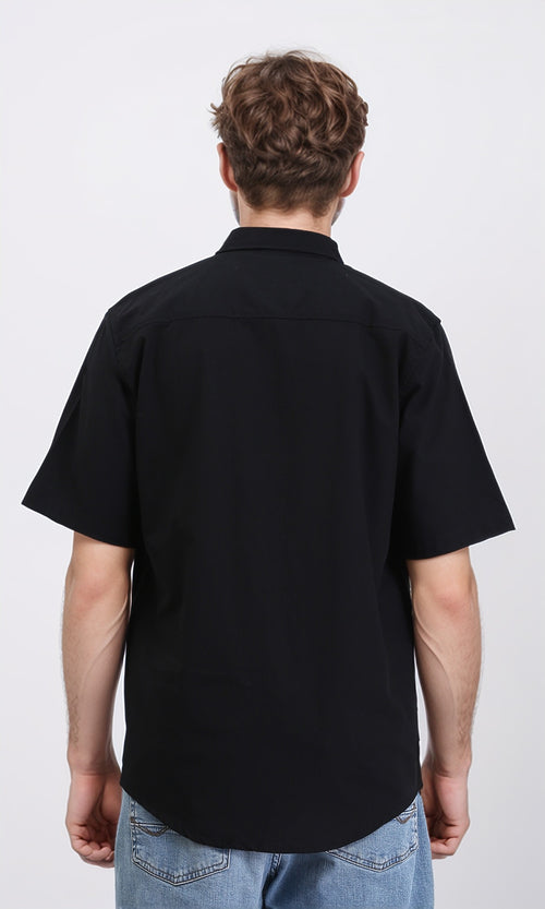 R211096 - Solid Elbow Sleeves Cotton Shirt - Black