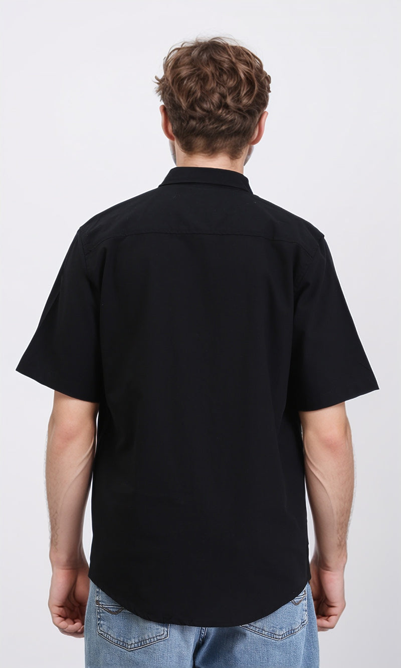 R211096 - Solid Elbow Sleeves Cotton Shirt - Black