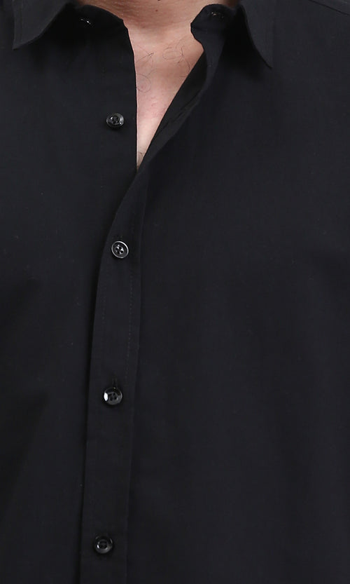 R211096 - Solid Elbow Sleeves Cotton Shirt - Black