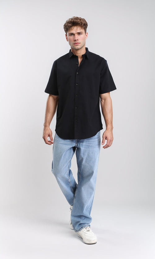 R211096 - Solid Elbow Sleeves Cotton Shirt - Black