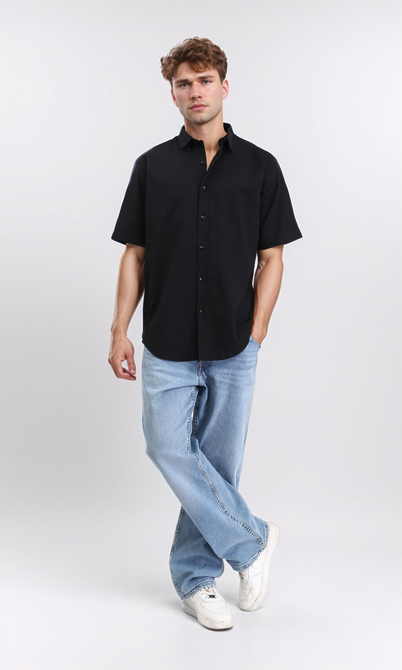 R211096 - Solid Elbow Sleeves Cotton Shirt - Black