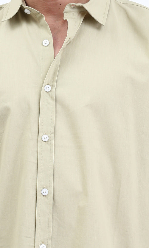 R211098 - Solid Elbow Sleeves Cotton Shirt - Light Olive