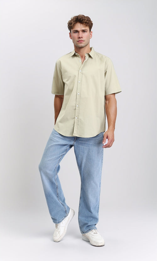 R211098 - Solid Elbow Sleeves Cotton Shirt - Light Olive