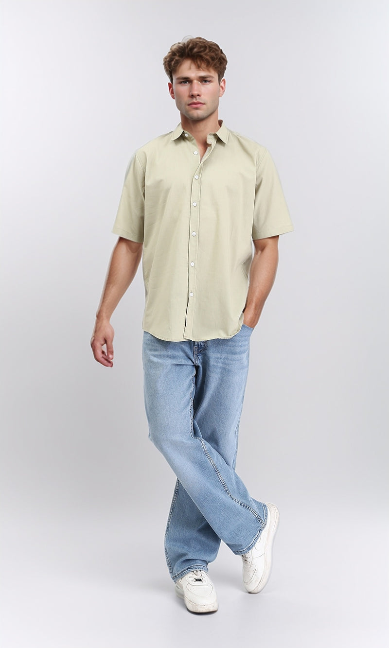 R211098 - Solid Elbow Sleeves Cotton Shirt - Light Olive