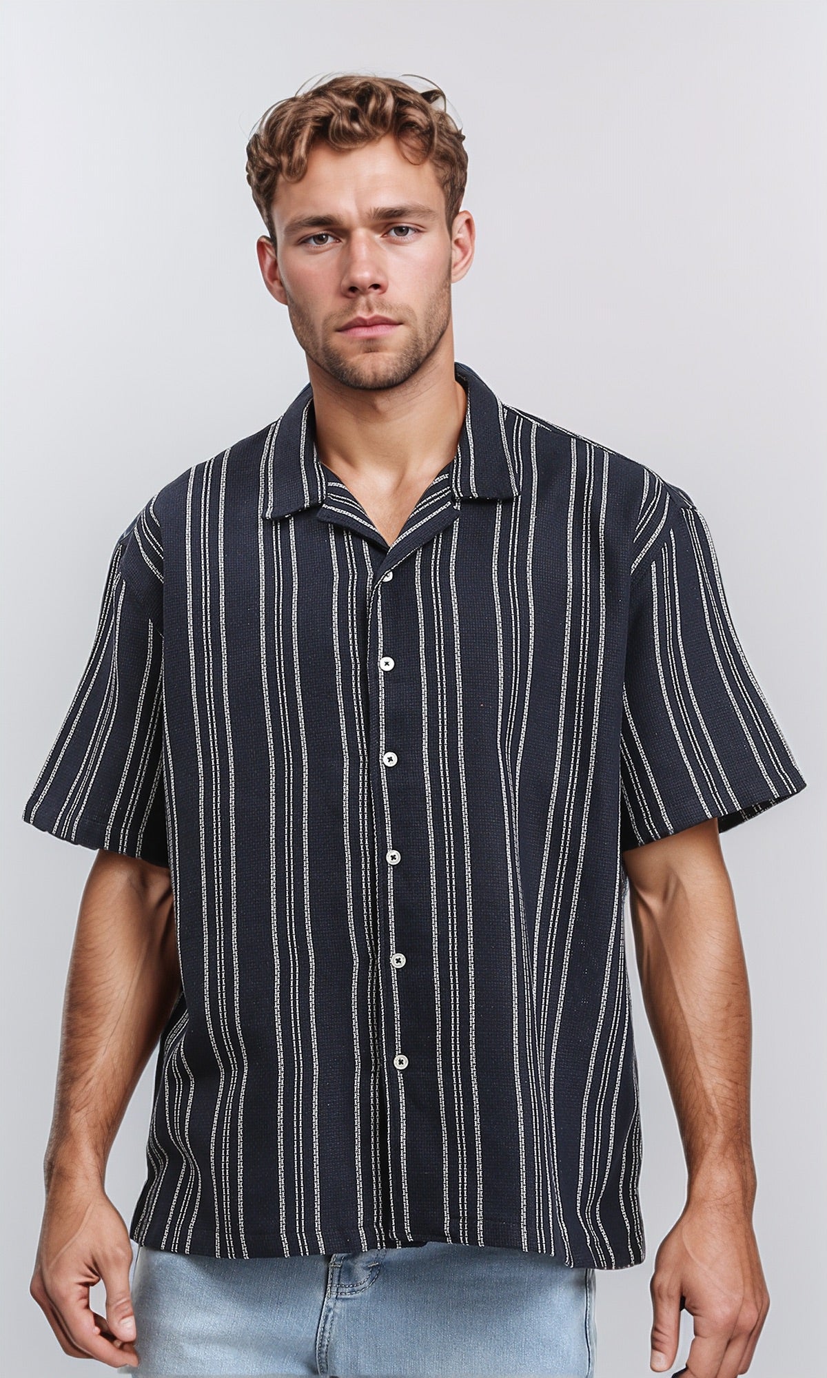 Striped Elbow Sleeves Casual Shirt - Navy Blue & White