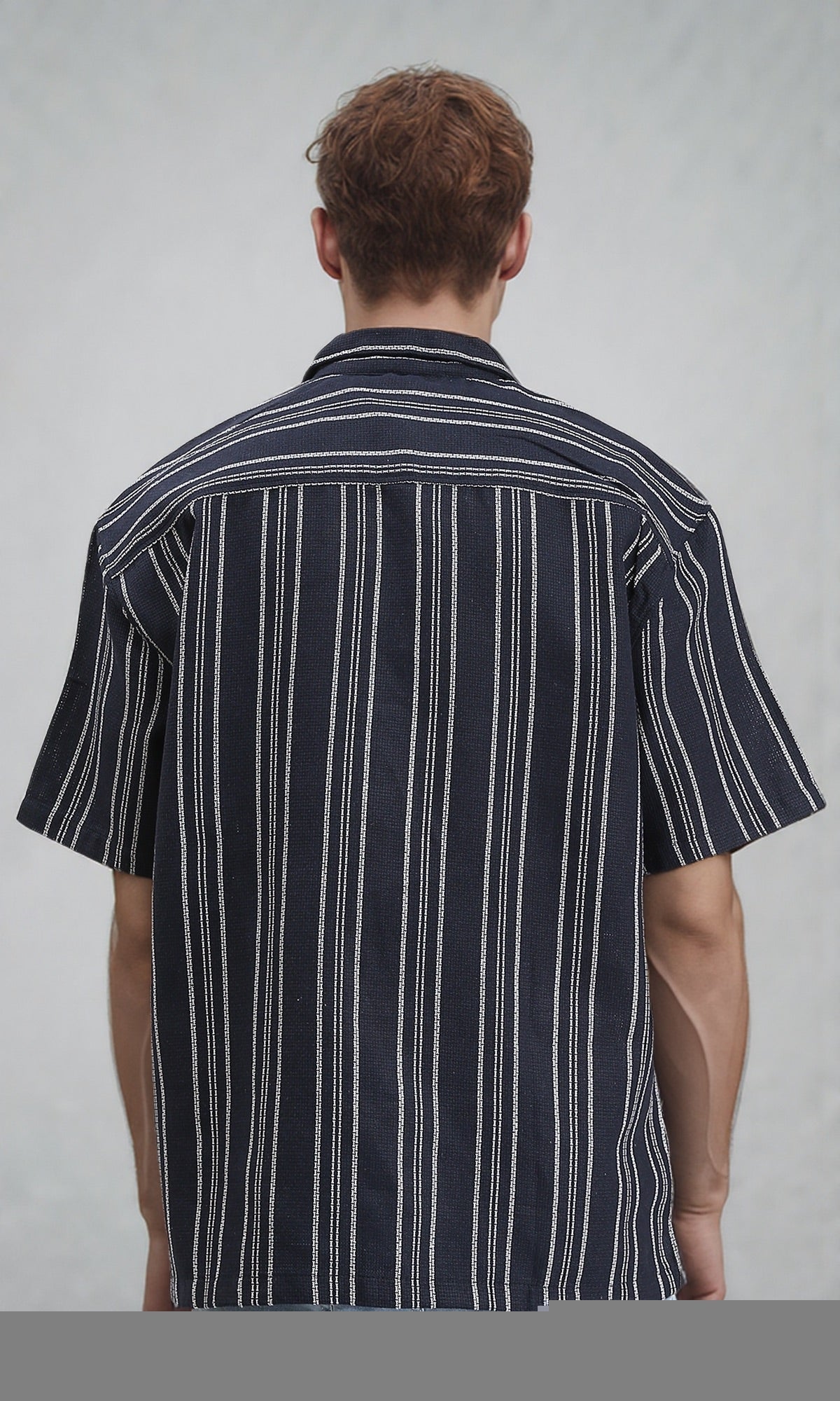 R211123 - Striped Elbow Sleeves Casual Shirt - Navy Blue & White