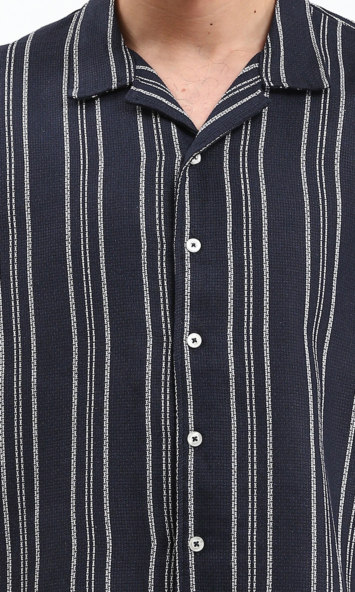 R211123 - Striped Elbow Sleeves Casual Shirt - Navy Blue & White