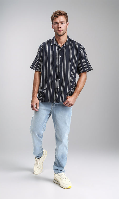 R211123 - Striped Elbow Sleeves Casual Shirt - Navy Blue & White