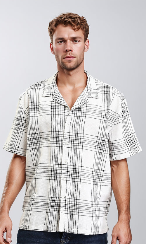 R211124 - Turn Down Collar Summer Tartan Shirt - White & Black
