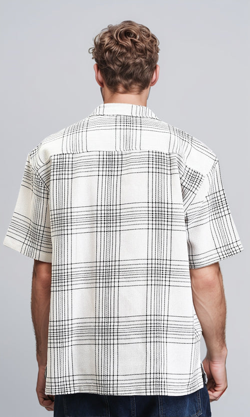 R211124 - Turn Down Collar Summer Tartan Shirt - White & Black