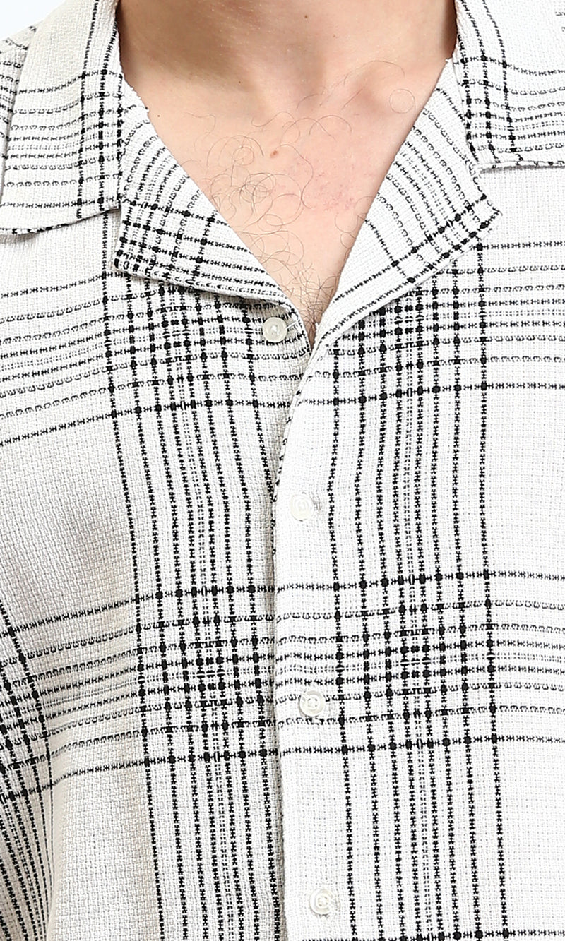 R211124 - Turn Down Collar Summer Tartan Shirt - White & Black