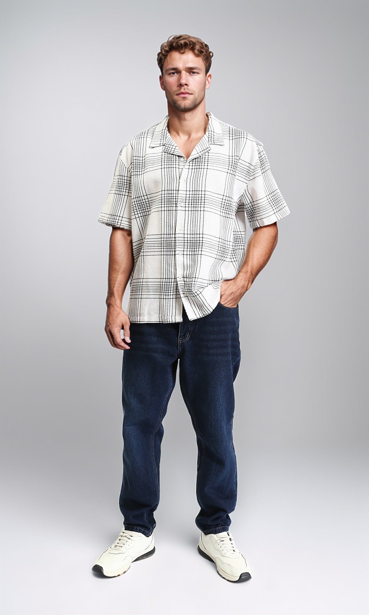 R211124 - Turn Down Collar Summer Tartan Shirt - White & Black