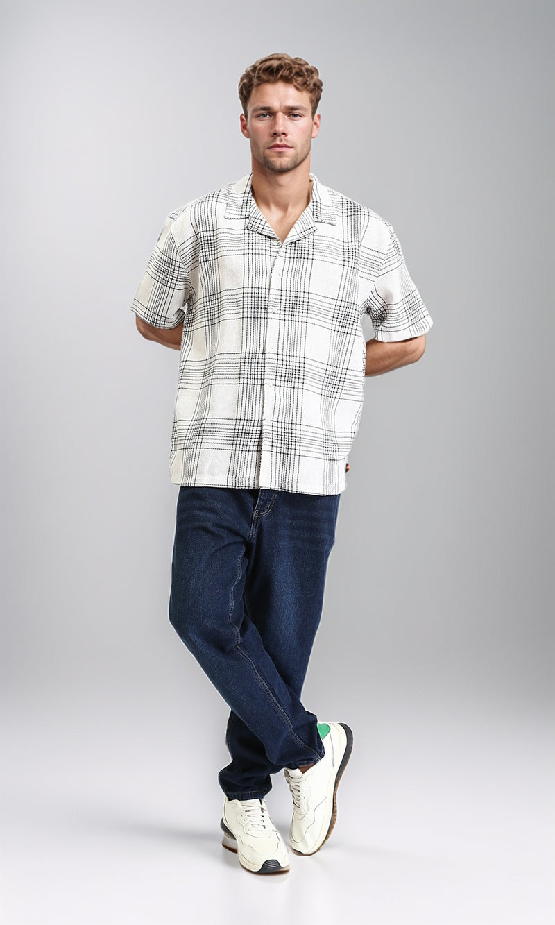 R211124 - Turn Down Collar Summer Tartan Shirt - White & Black