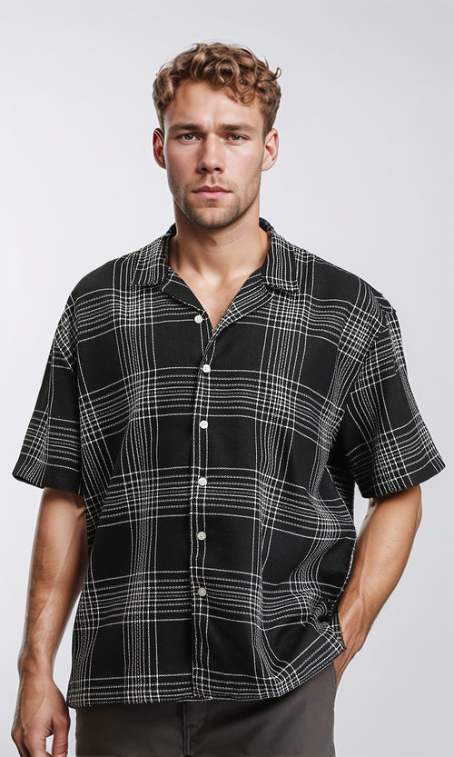 R211125 - Turn Down Collar Summer Tartan Shirt - Black & White