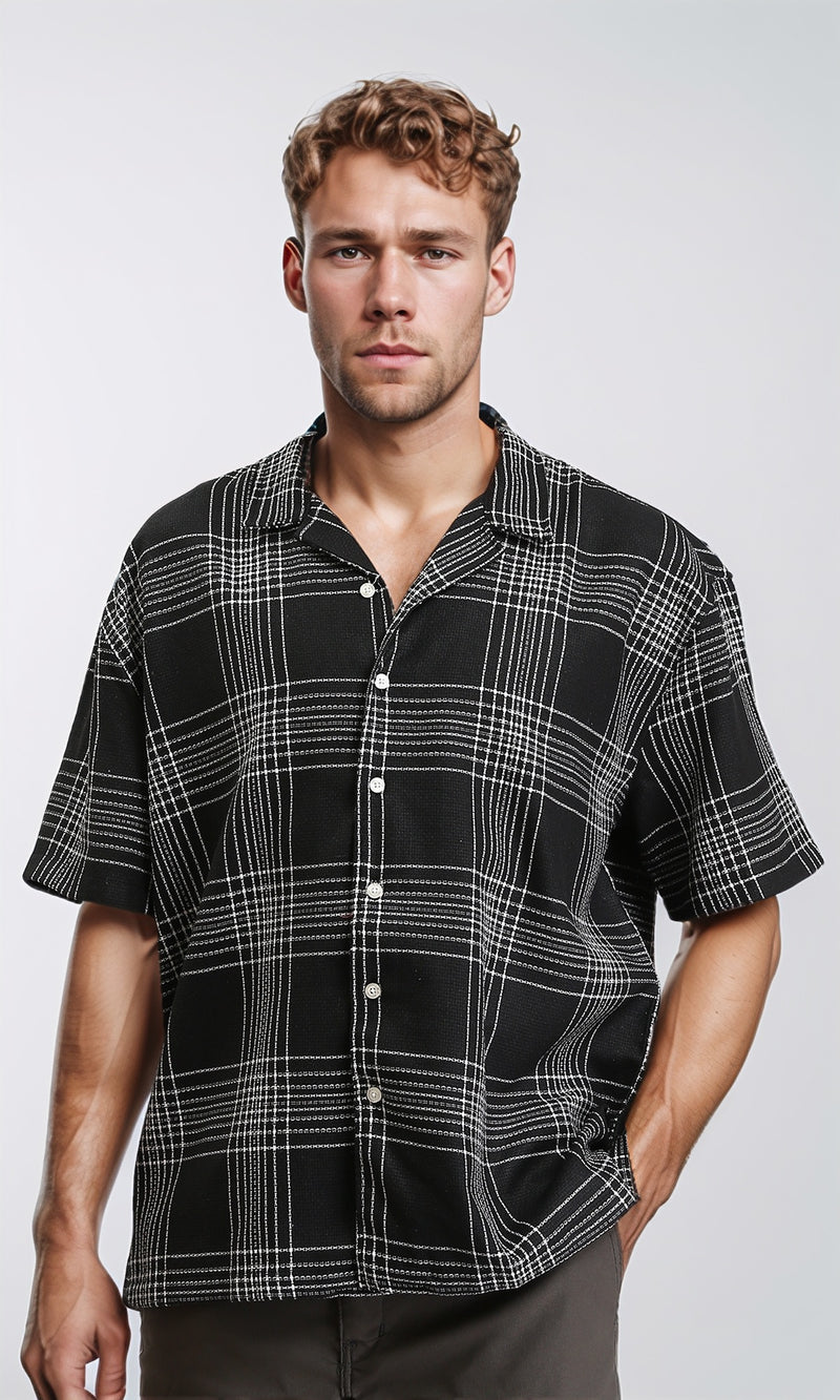 R211125 - Turn Down Collar Summer Tartan Shirt - Black & White