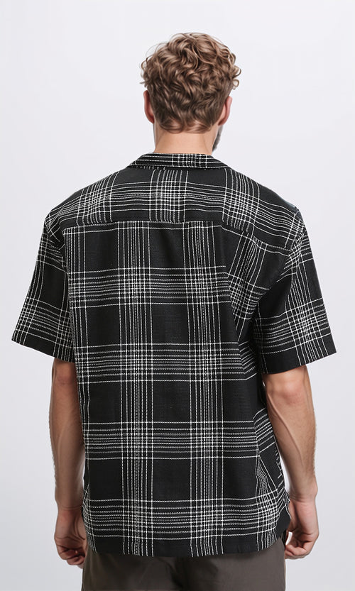 R211125 - Turn Down Collar Summer Tartan Shirt - Black & White