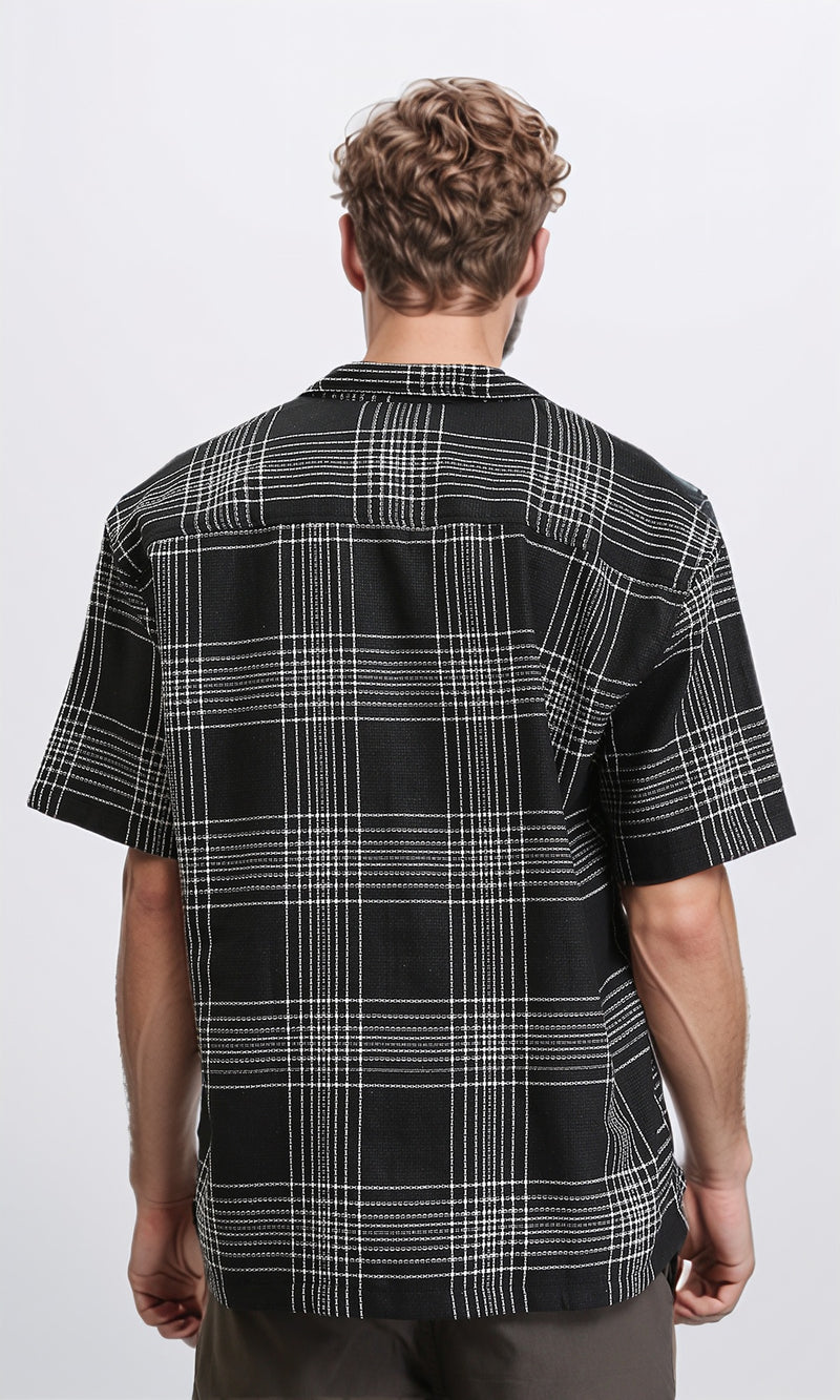 R211125 - Turn Down Collar Summer Tartan Shirt - Black & White
