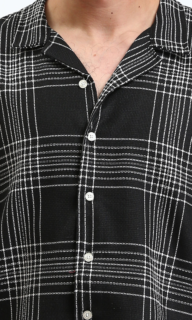 R211125 - Turn Down Collar Summer Tartan Shirt - Black & White