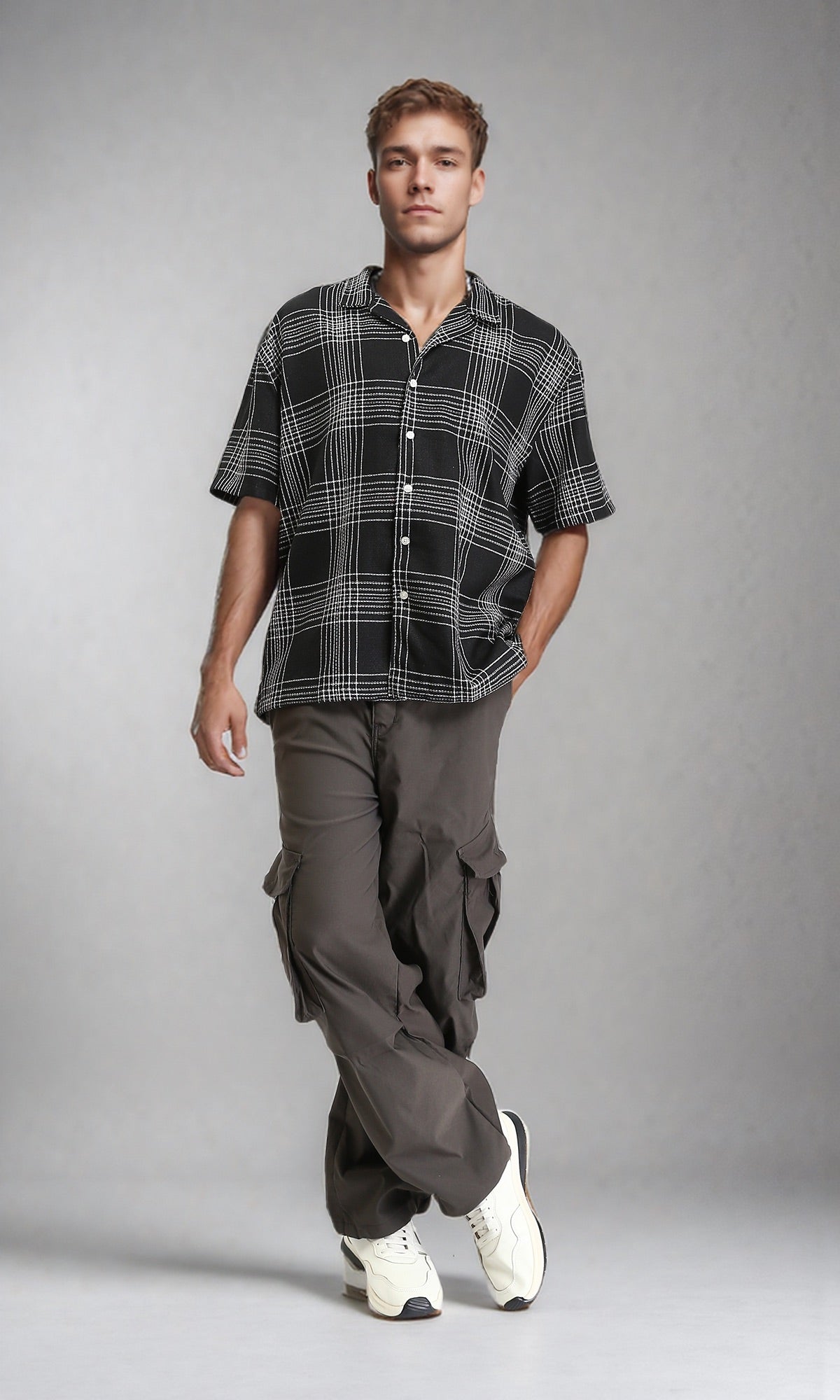 R211125 - Turn Down Collar Summer Tartan Shirt - Black & White