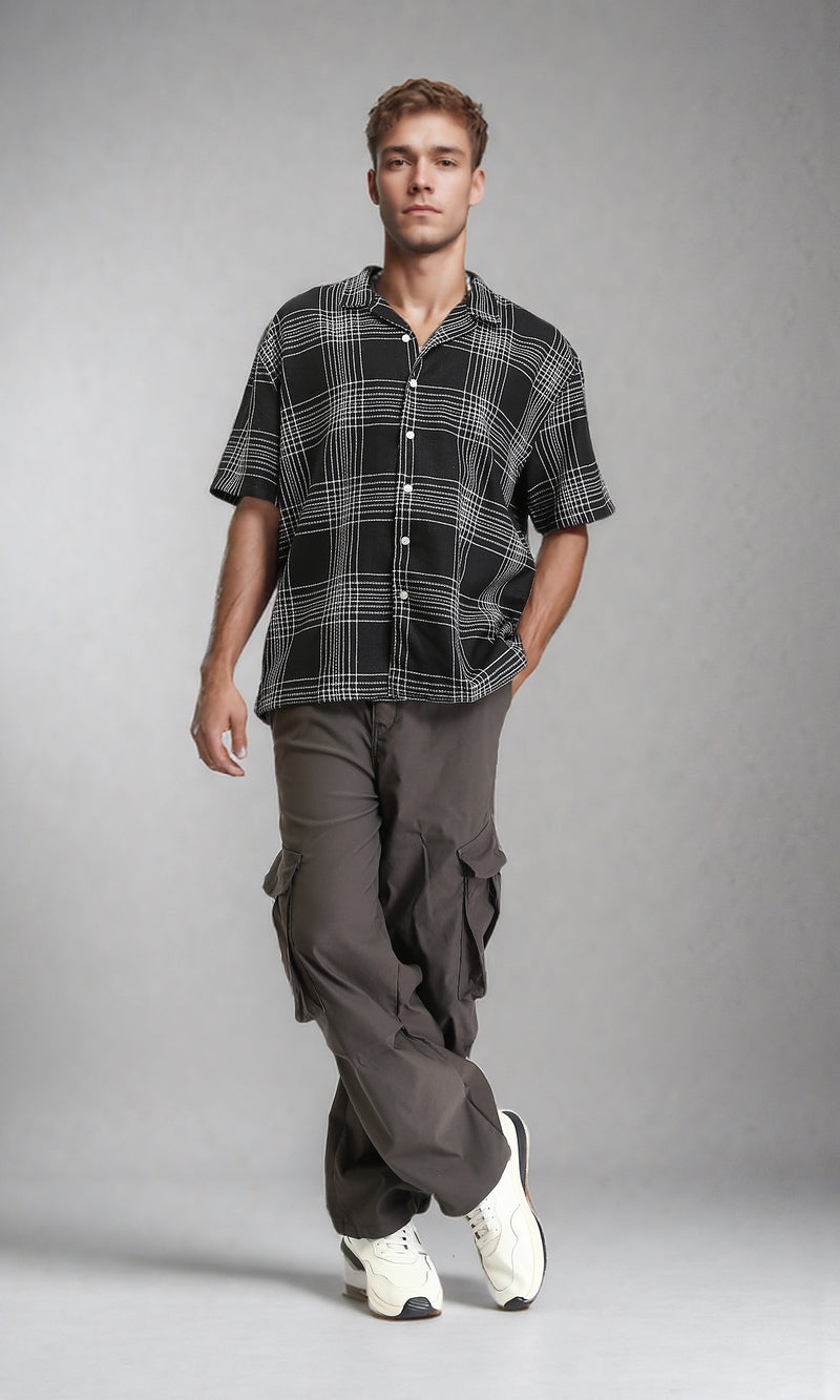 R211125 - Turn Down Collar Summer Tartan Shirt - Black & White