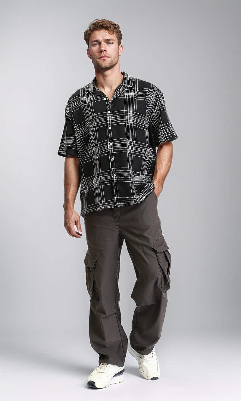 R211125 - Turn Down Collar Summer Tartan Shirt - Black & White