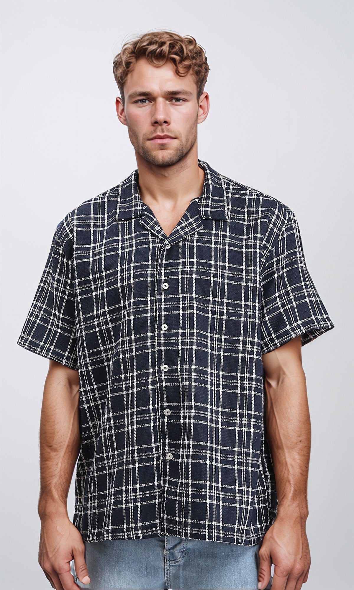 Plaid Buttons Down Summer Shirt - Navy Blue & White