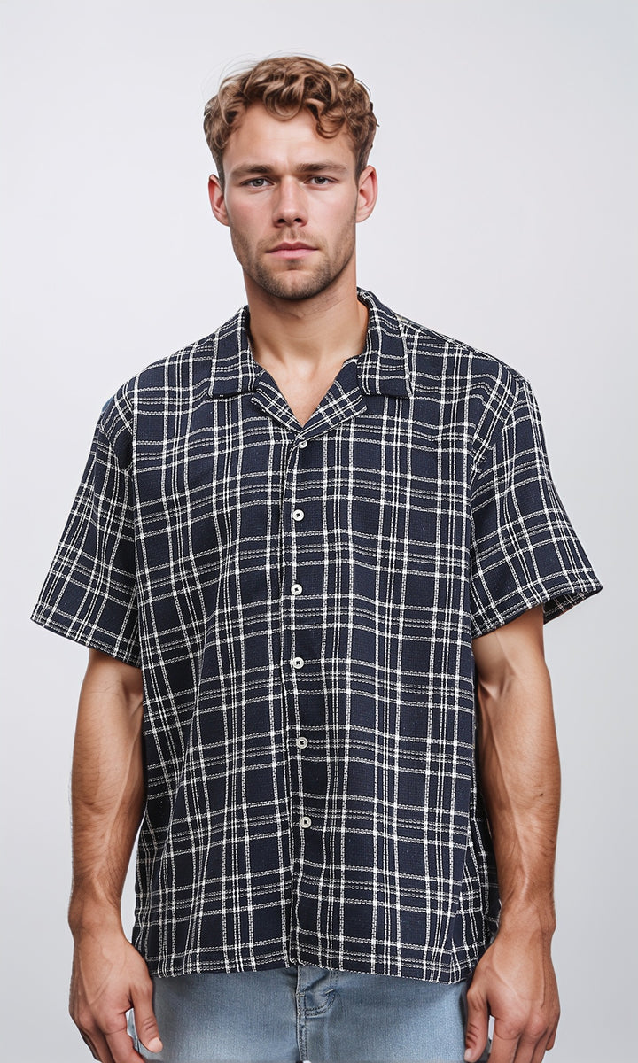 Plaid Buttons Down Summer Shirt - Navy Blue & White