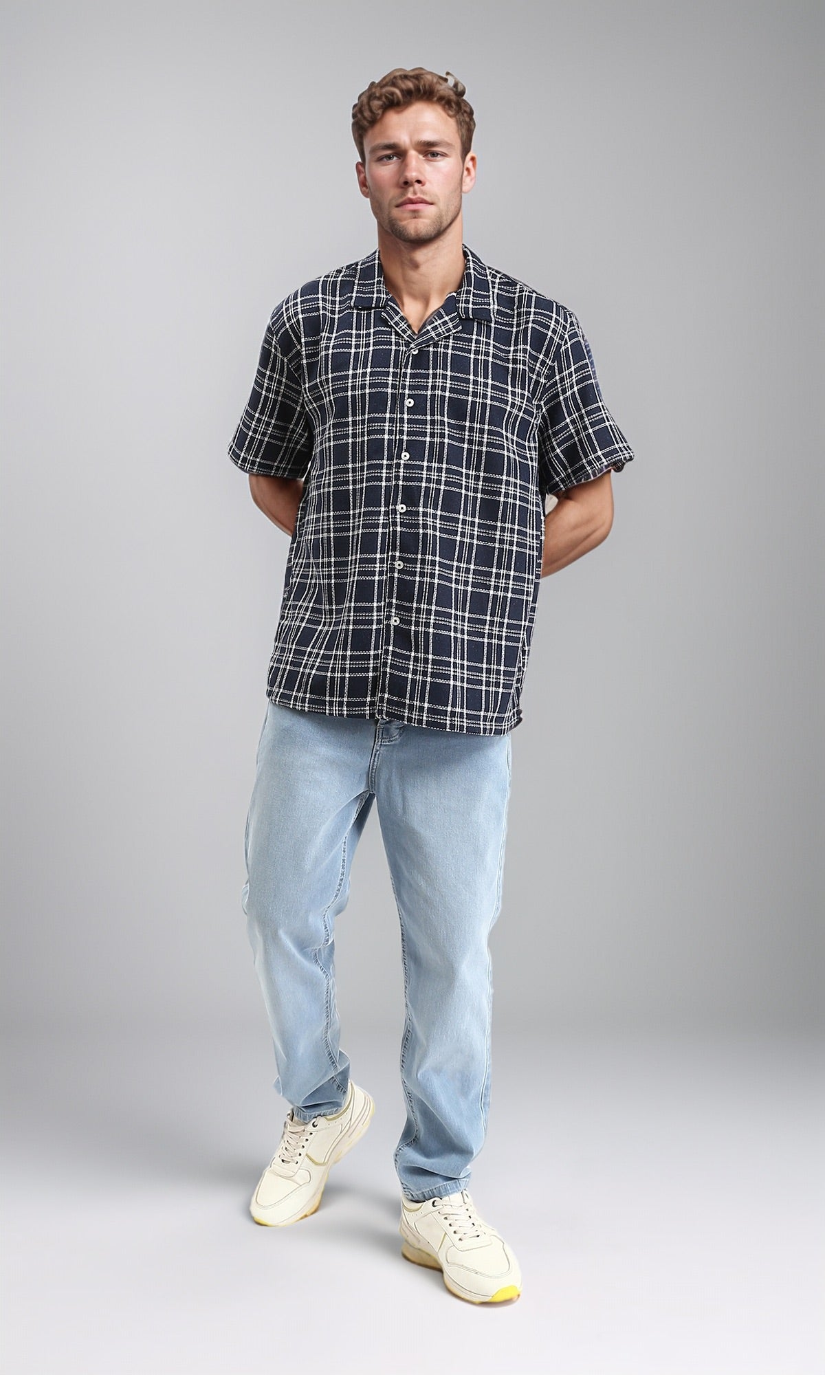 R211127 - Plaid Buttons Down Summer Shirt - Navy Blue & White