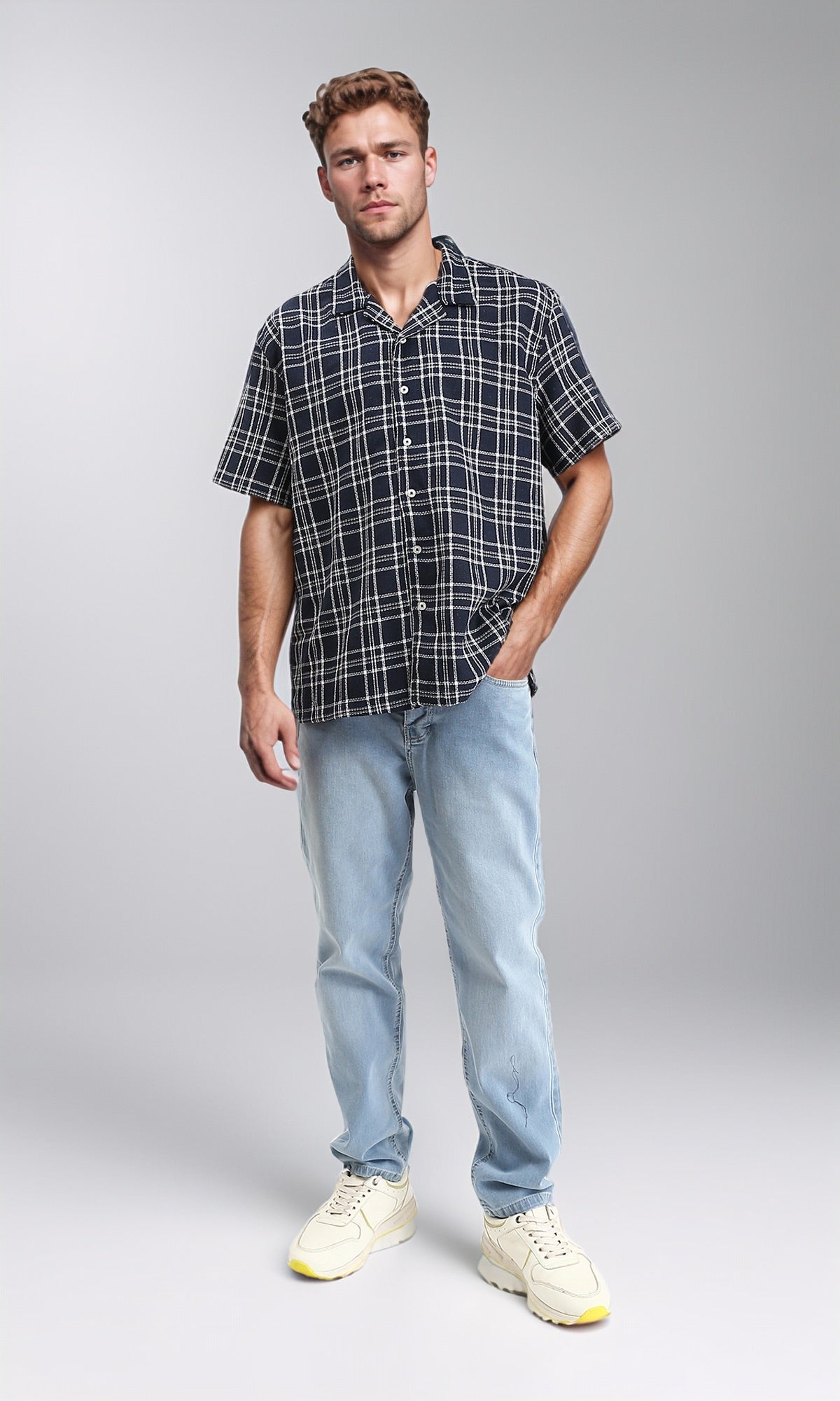 R211127 - Plaid Buttons Down Summer Shirt - Navy Blue & White
