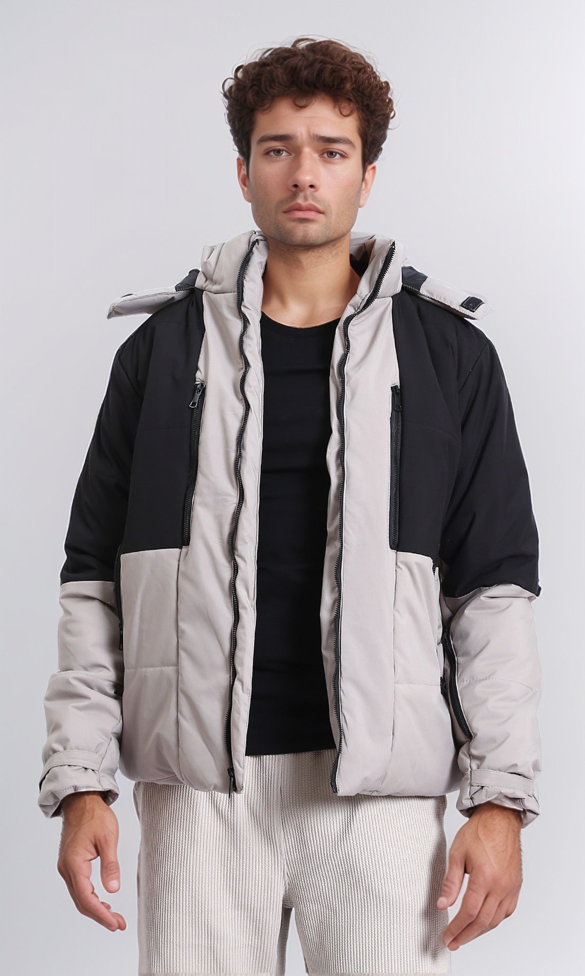 Black & Grey Bi-Tone Bomber Jacket - Solid Polyester Coat for Men