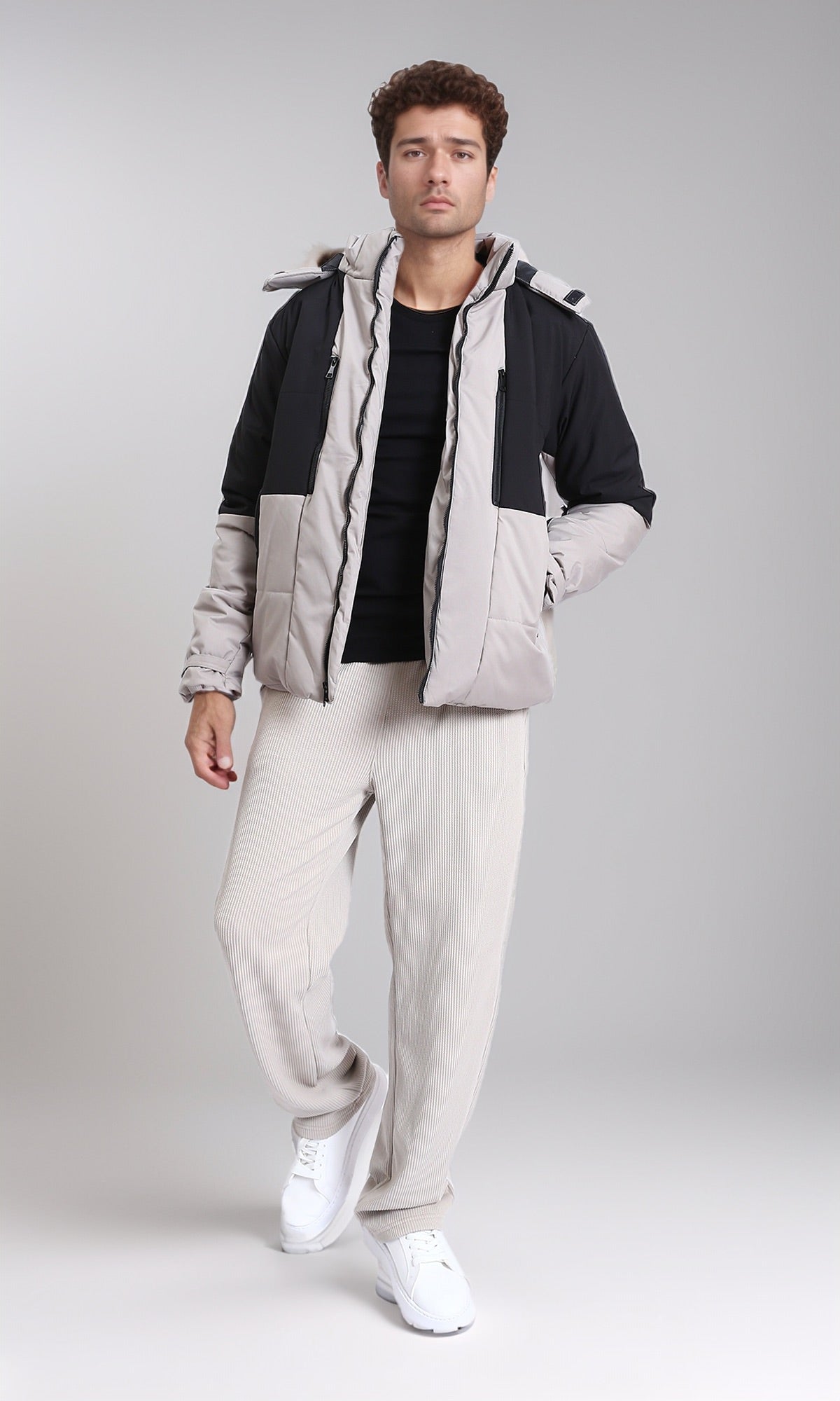 Black & Grey Bi-Tone Bomber Jacket - Solid Polyester Coat for Men