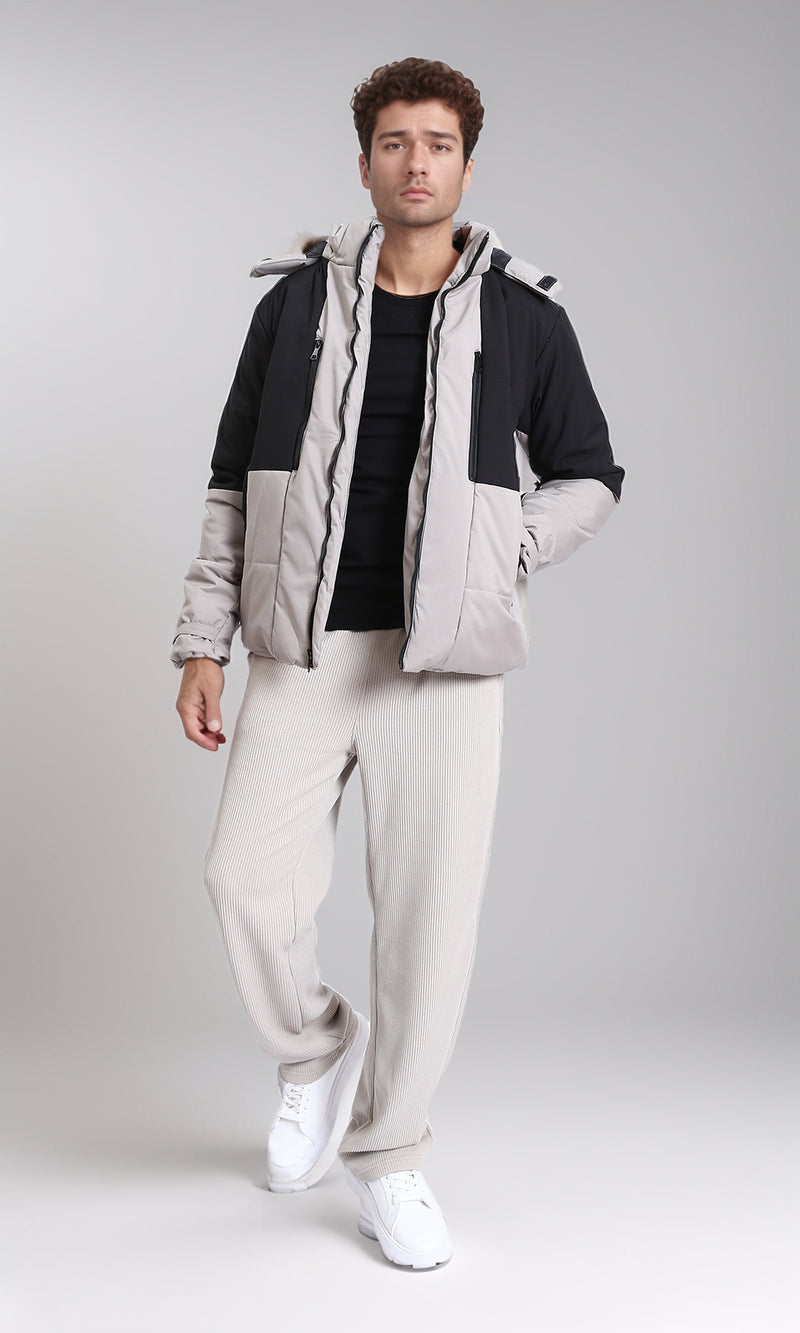 R211173 - Bi-Tone Solid Bomber Jacket - Black & Light Grey
