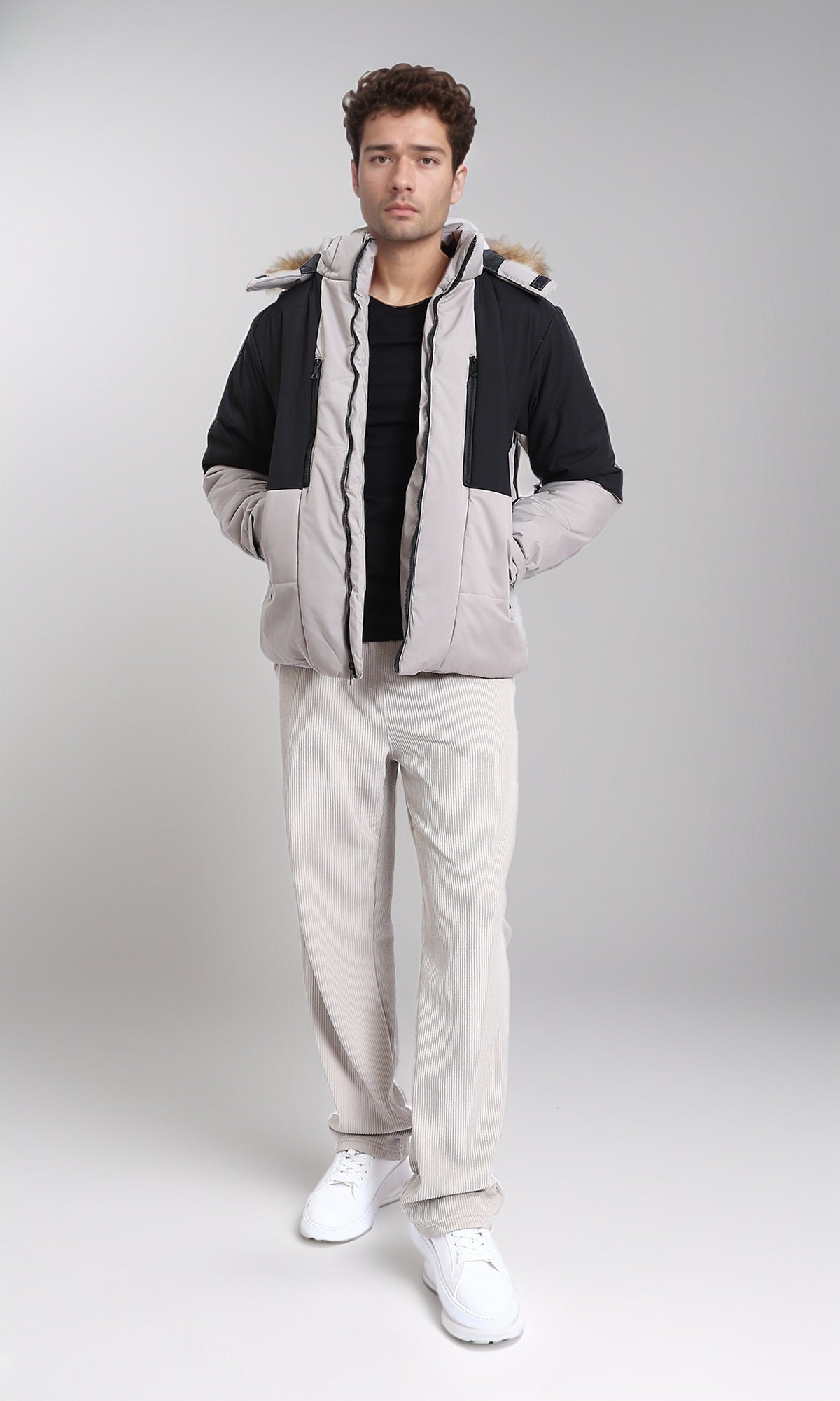 Black & Grey Bi-Tone Bomber Jacket - Solid Polyester Coat for Men