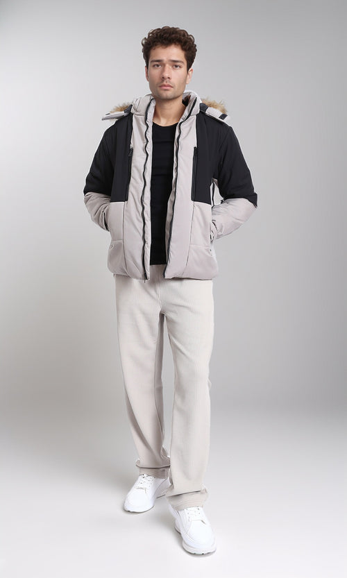 Black & Grey Bi-Tone Bomber Jacket - Solid Polyester Coat for Men