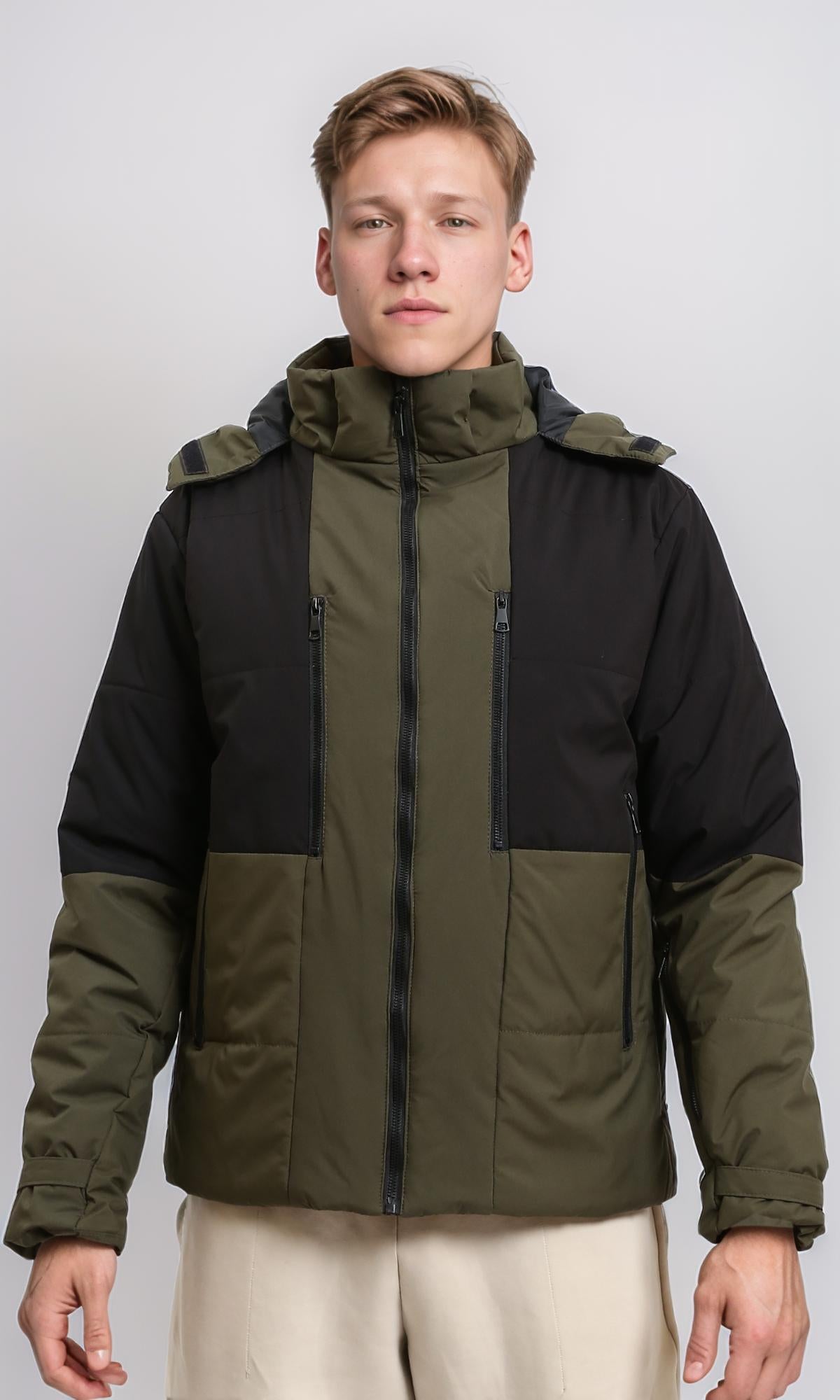 Bi-Tone Puffer Jacket with Stand Collar - Dark Khaki & Black