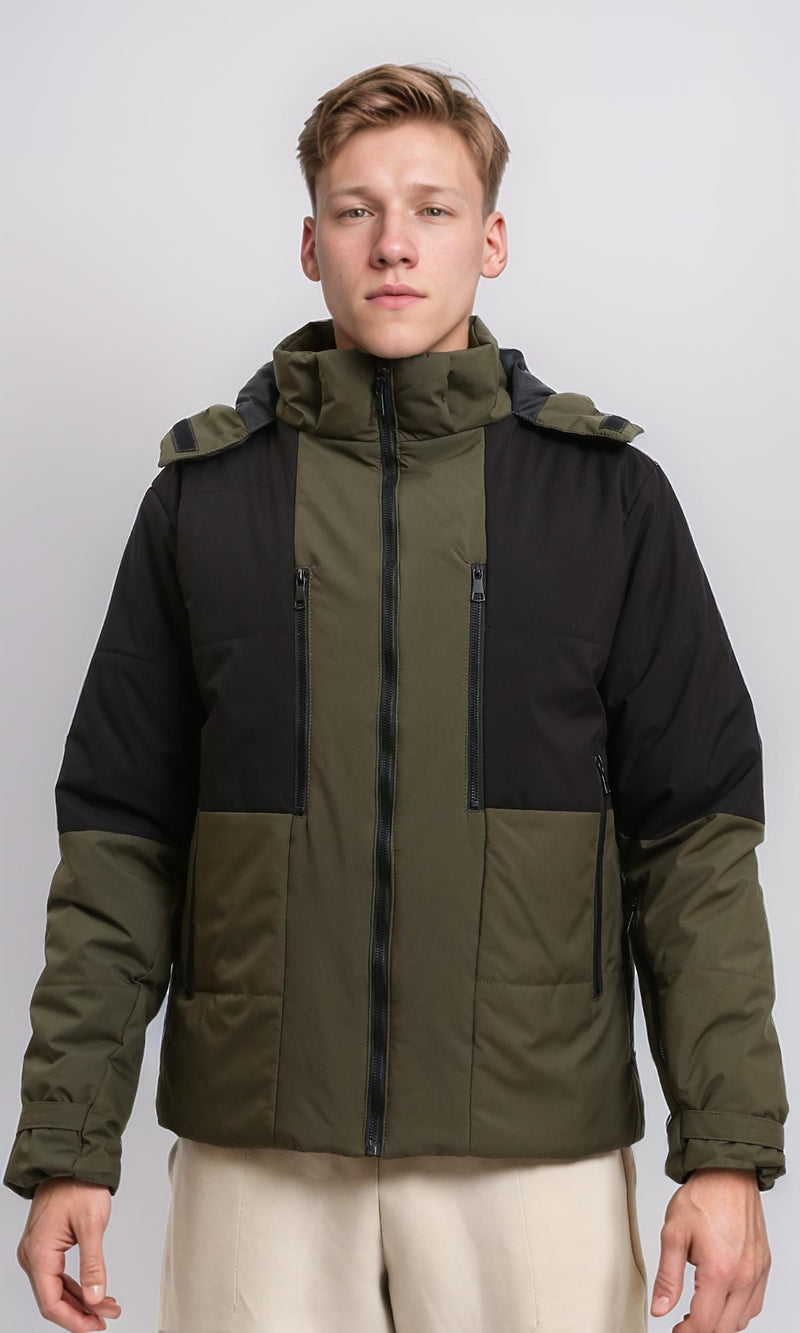 R211174 - Bi-Tone Puffer Jacket with Stand Collar - Dark Khaki & Black