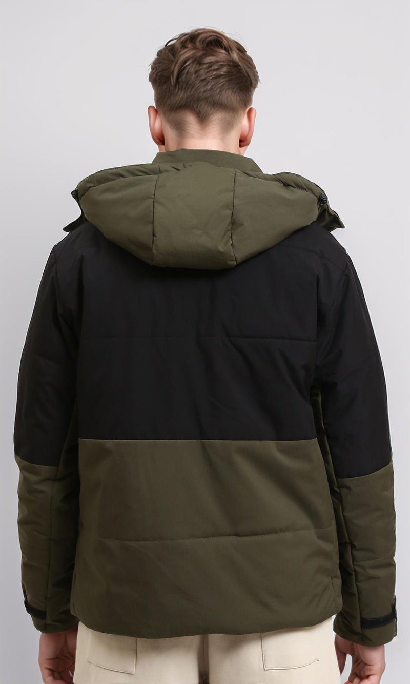 R211174 - Bi-Tone Puffer Jacket with Stand Collar - Dark Khaki & Black