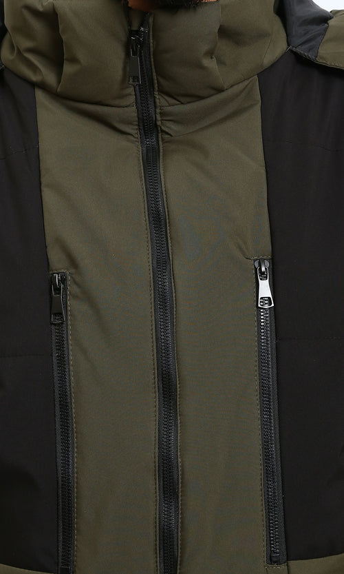 R211174 - Bi-Tone Puffer Jacket with Stand Collar - Dark Khaki & Black