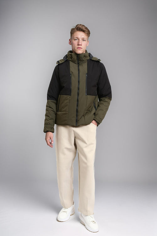 R211174 - Bi-Tone Puffer Jacket with Stand Collar - Dark Khaki & Black