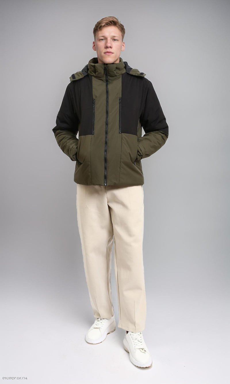 R211174 - Bi-Tone Puffer Jacket with Stand Collar - Dark Khaki & Black