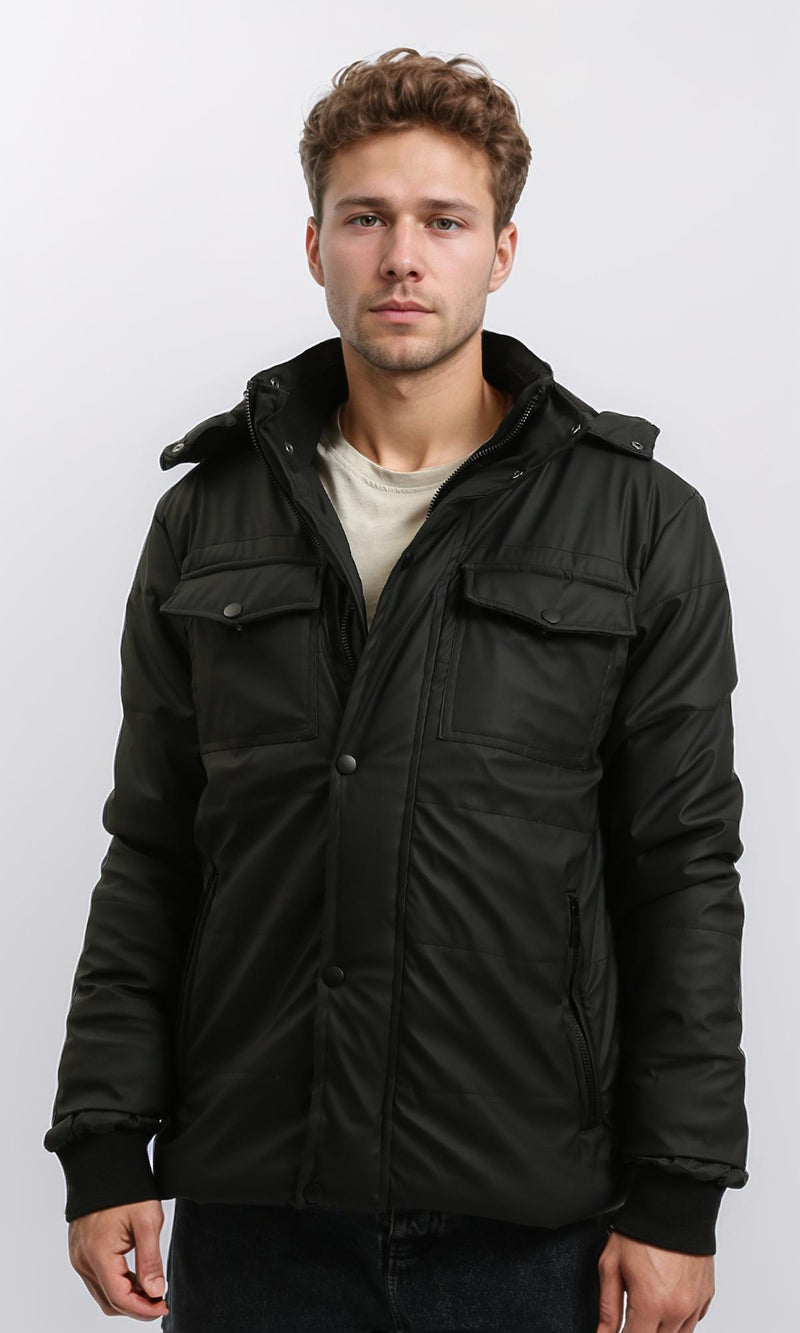 R211175 - Hooded Neck Winter Jacket with Double Closure - Black