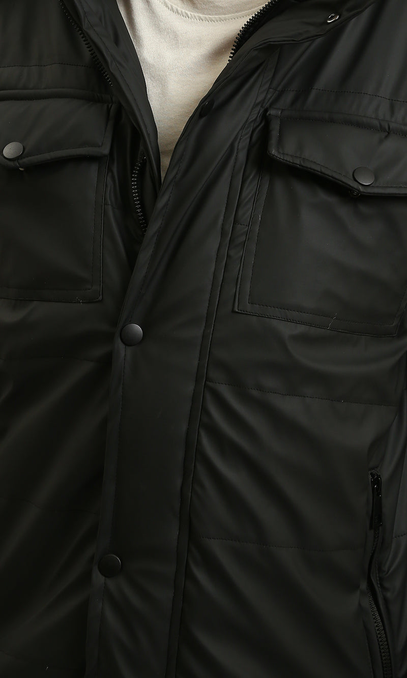 R211175 - Hooded Neck Winter Jacket with Double Closure - Black