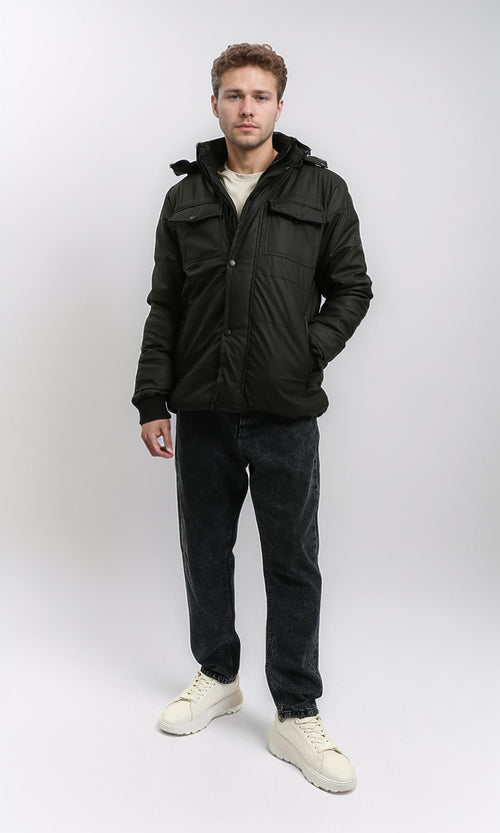 R211175 - Hooded Neck Winter Jacket with Double Closure - Black