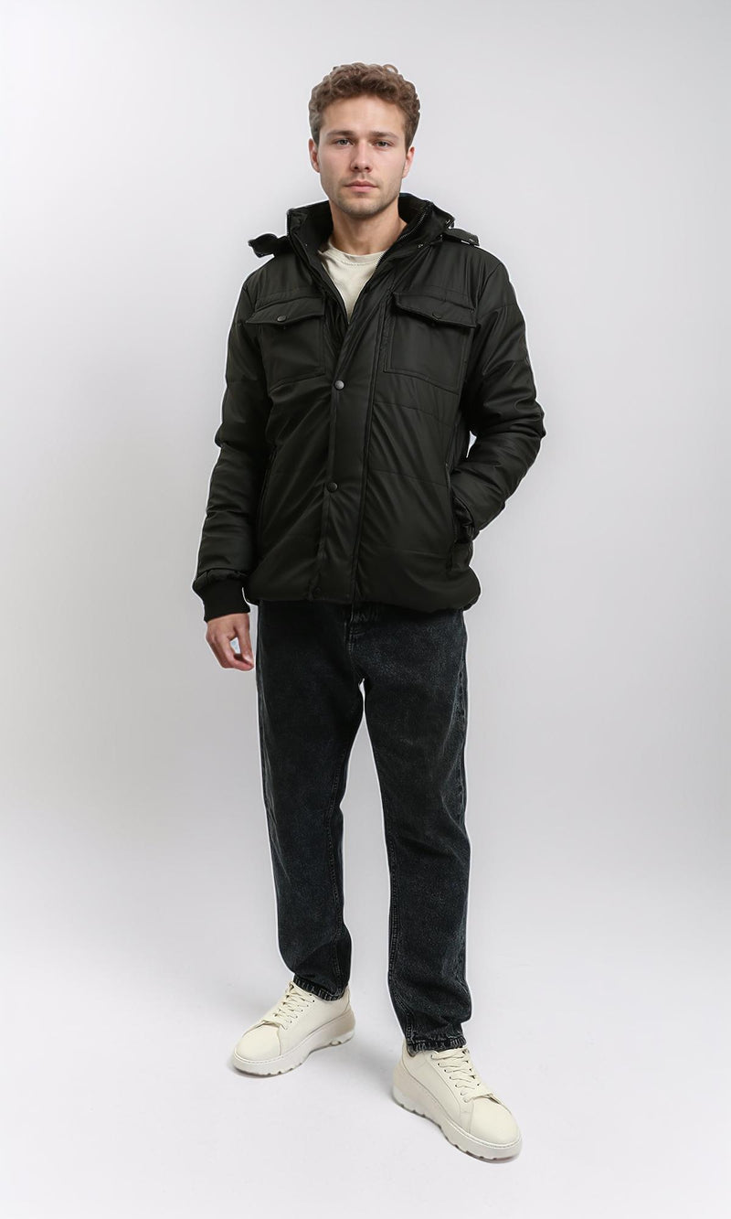 R211175 - Hooded Neck Winter Jacket with Double Closure - Black