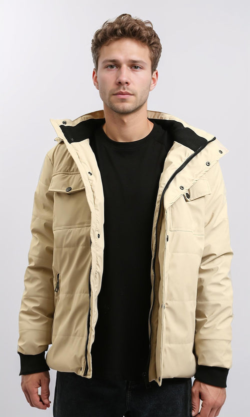 R211177 - Hooded Neck Winter Jacket with Double Closure - Beige