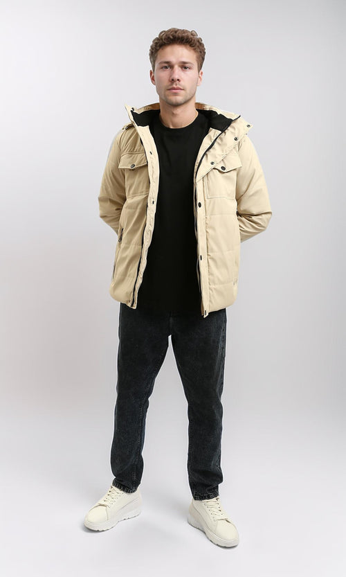 R211177 - Hooded Neck Winter Jacket with Double Closure - Beige