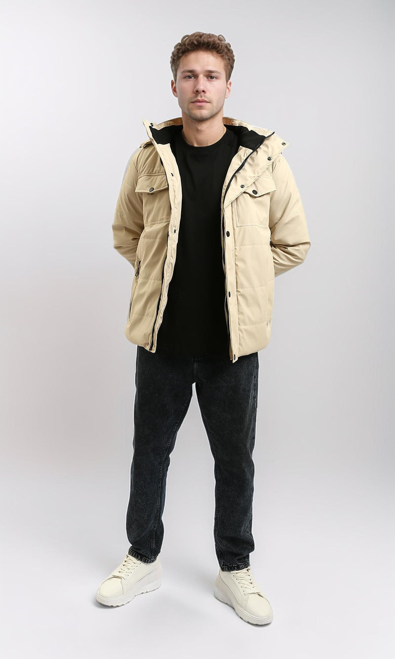 R211177 - Hooded Neck Winter Jacket with Double Closure - Beige