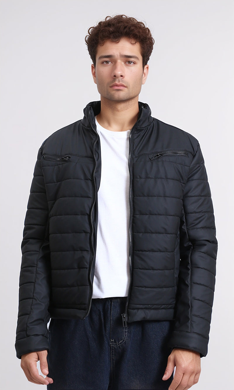 R211178 - Quilted Jacket with Front Zipped Pockets - Black