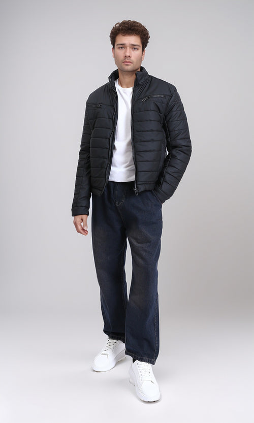 R211178 - Quilted Jacket with Front Zipped Pockets - Black